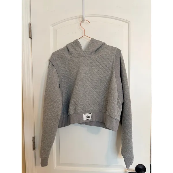 Alo Yoga Hoodie Womens Large Grey Quilted‎ Arena Cropped Pullover Sweatshirt - Image 6