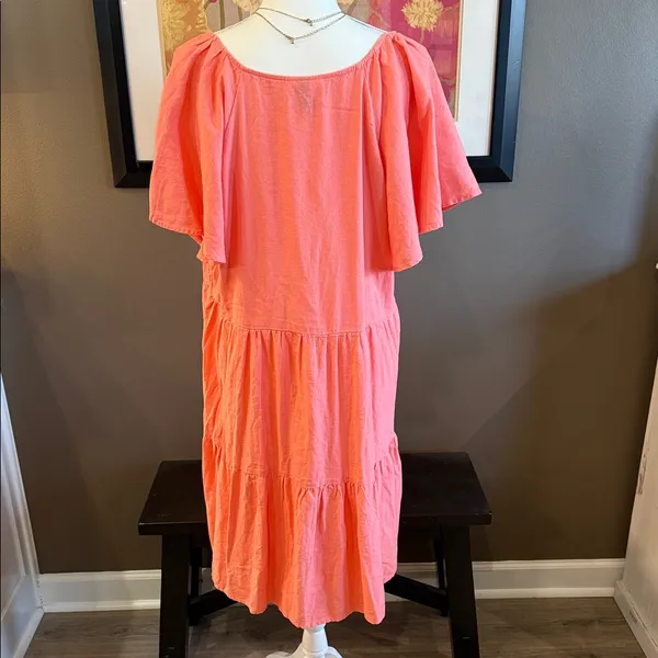 UNIVERSAL THREADS Coral Linen Blend V-Neck Boho Peasant Tiered Midi Dress XXL - Image 7