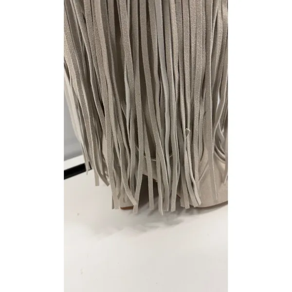 Fringe Western Tall Boots Square Toe Block Heel Beige Faux Suede Boho Stone 7,5 - Image 2