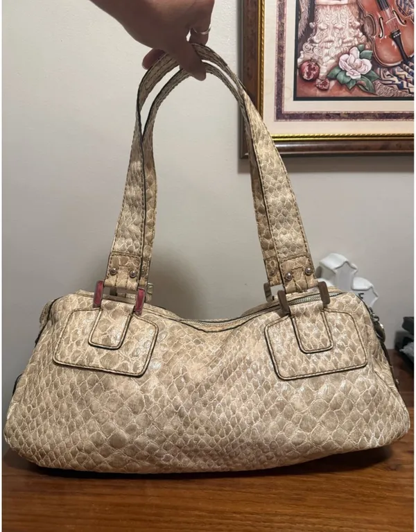 Guess Beige/Tan Textured Shoulder Bag with Metal Plaque - Image 2