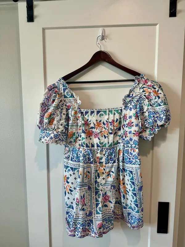 FARM Rio Floral Paisley Puff Sleeve Romper Beaded Belt Size XL NWOT - Image 2