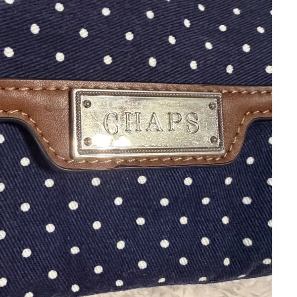 Chaps Navy Blue Polka Dot Crossbody Bag Brown Trim Canvas Small Messenger Purse - Image 5