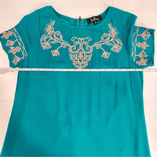 Lulus Tale to Tell Pink and Teal Green‎ Embroidered Shift Dress SMALL - Image 9