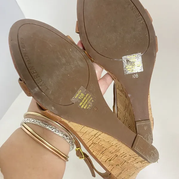 Lauren Ralph Lauren Wedge Sandals Women 10B T Strap Harleen Leather‎ Cork Heels - Image 12