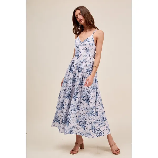 SO ME Floral Woven V Neck Dress With‎ Back Ribbon Tie - Medium - Image 2