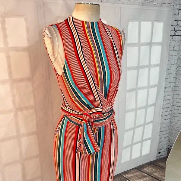 Alice & Olivia Delora colorful vertical striped wrap tie waist midi dress size 2 - Image 7