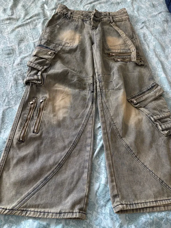 Washed Denim Cargo Pants Gray Size M - Image 2