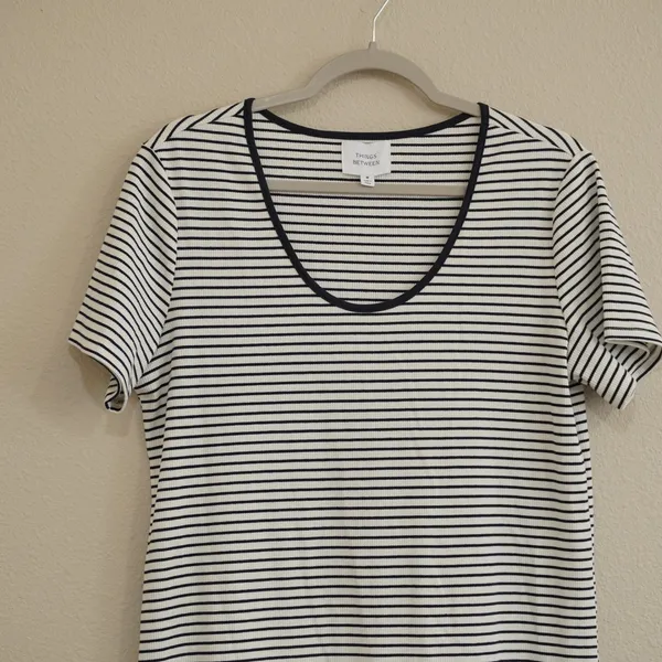 Things Between Maxi Dress Navy White Striped Ribbed Scoop Neck Minimalist Casual - Image 3