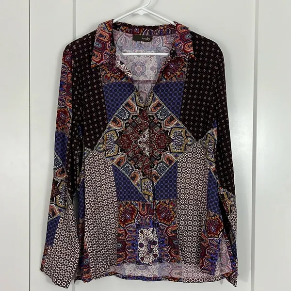 Crosby Large Purple, Red Boho Pattern 70s Button Down Long Sleeve Shirt - Image 3