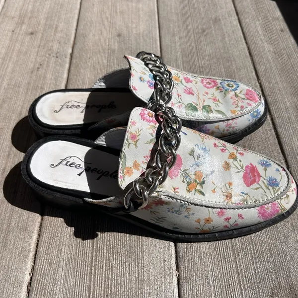 Free People Vida Mules‎ Ivory Floral Slip On Leather Flat Shoes Size EU 38.5 - Image 5