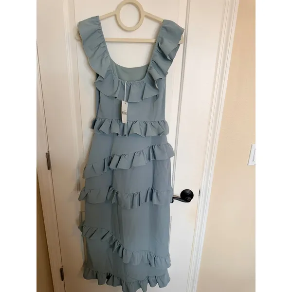 Show Me Your Mumu Greta Dress Women XS Sage-Blue Ruffle Tiered‎ Maxi Slit - Image 5