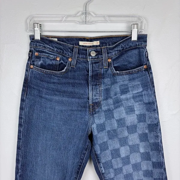 Levi's Wedgie Straight Jeans Checkerboard Blue Retro Indie Grunge Size 27‎ - Image 3
