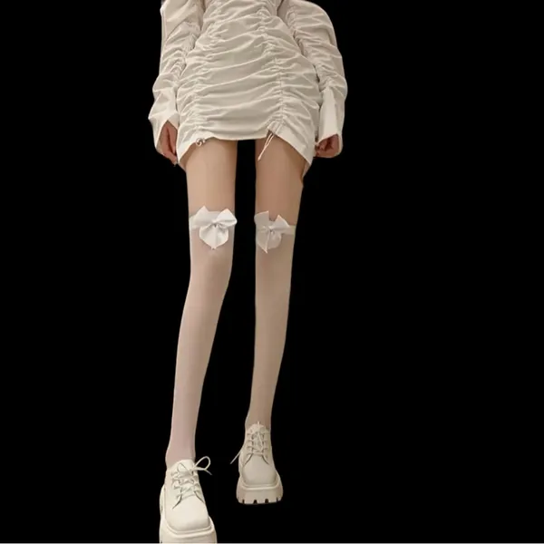 White Bow Thin Light‎ Smooth Over The Knee Socks Women's Stockings One Size - Image 2