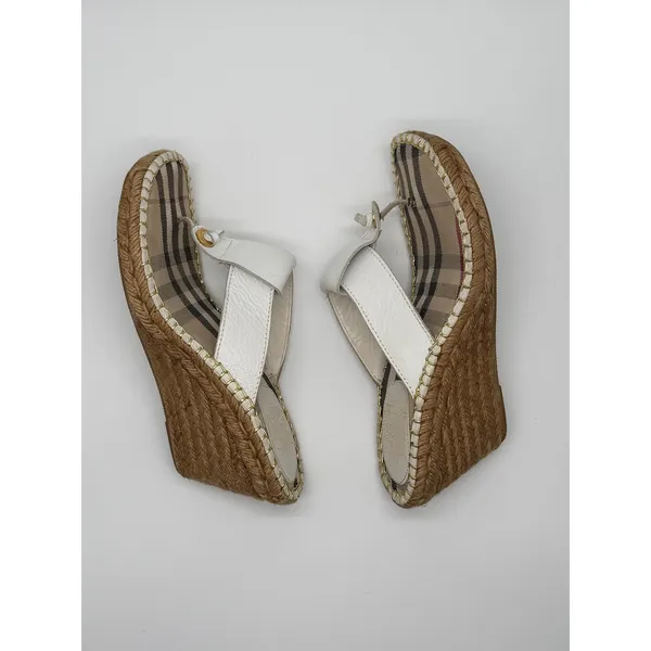 Burberry Wedge Sandals Womens 39 White Nova Check Espadrille Thong Leather - Image 8