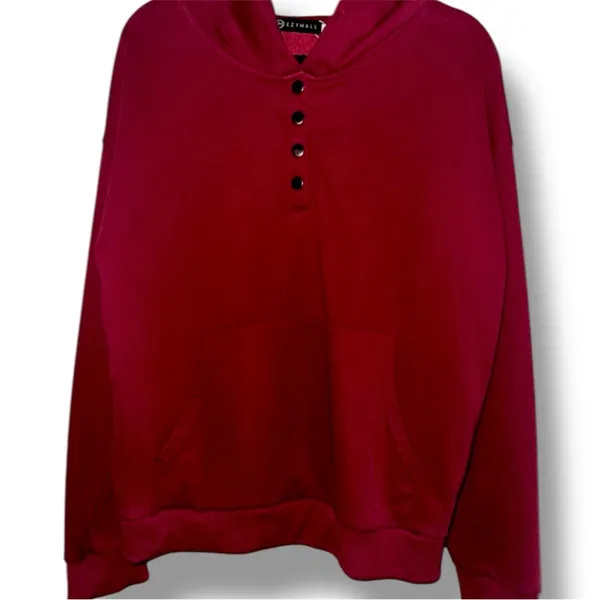 BURGUNDY RED PULLOVER BUTTON UP HOODIE W/KANGAROO POCKET Size XL - Image 4