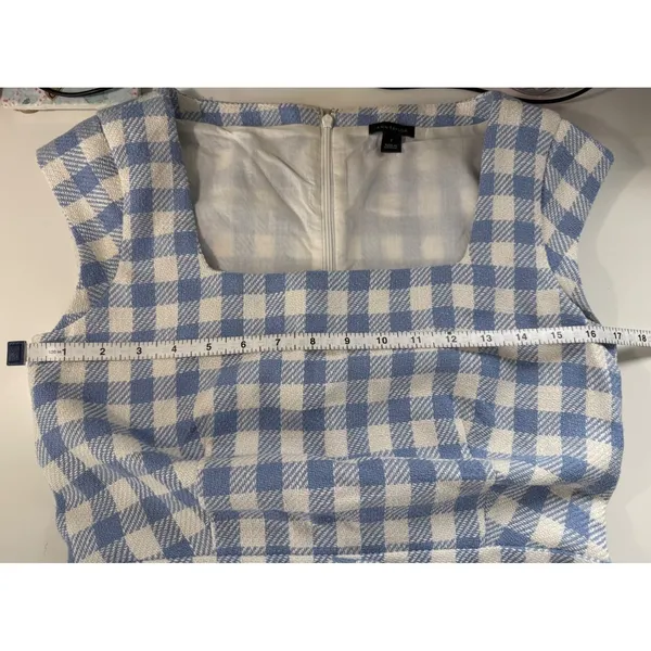 Ann Taylor Blue White‎ Gingham Sheath Dress Belted Square Neck Size 2 - Image 4