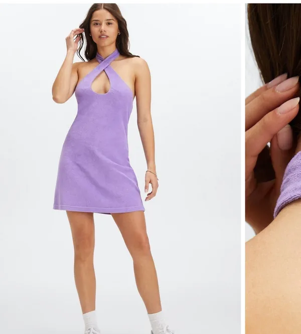 Fabletics Women's Purple Terry Cloth Halter Mini Dress Size M - Image 2