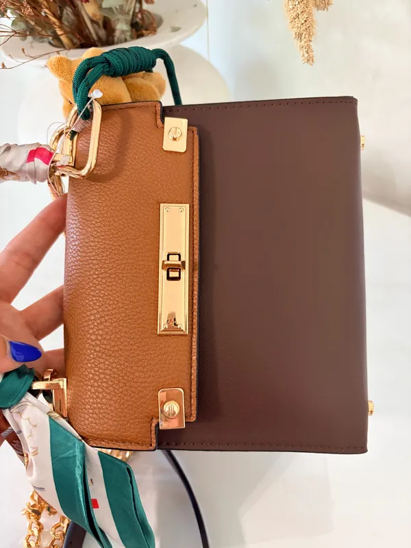 ALDO Brown Top Handle Satchel Handbag Scarf Charm Gold Chain Preppy Chic Quiet Luxury - Image 8