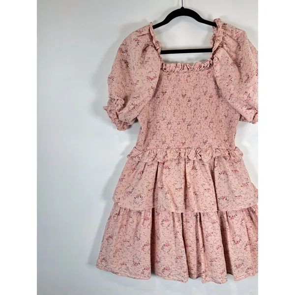 Hyacinth House Womens Dress Beige Mini Floral Smocked Ruffle Puffed A Line Large - Image 8