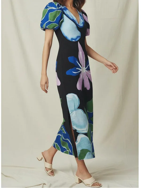 ANTHROPOLOGIE Puff-Sleeve A-Line Maxi Dress, Black Floral, Small - Image 2