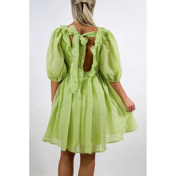 Mable M Medium Babydoll Mini Dress Green Textured Puff Sleeves Pockets‎ Coquette - Image 2