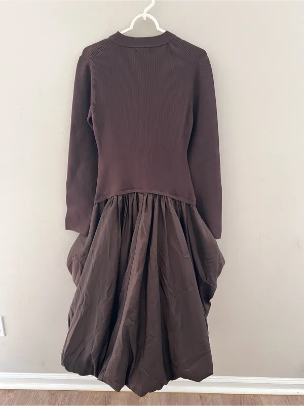 SIMKHAI Kenlie Ribbed Knit Bodice Taffeta Bubble Dress Brown Size Large NWOT - Image 8