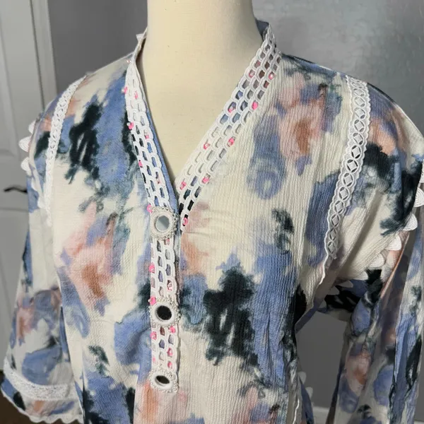 Ethnc Eastern Pakistani Blue Embroidered Dress, S - Image 3