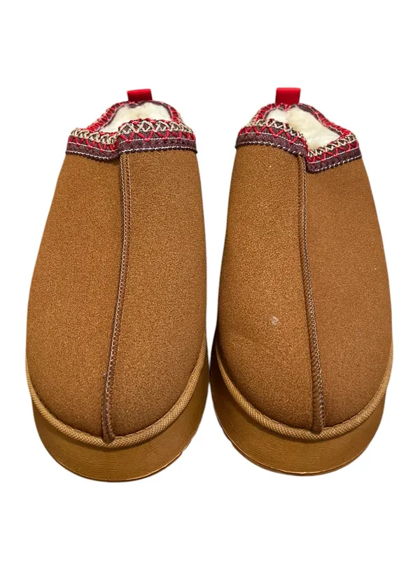 Women’s Size 40 Platform Slippers Suede Fluffy Soft Lined Brown Embroidered Trim - Image 3