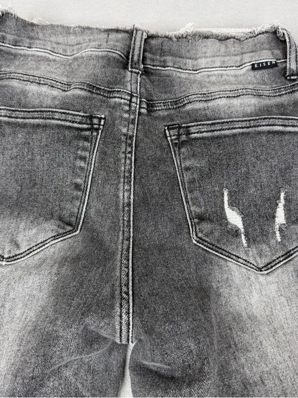 Risen High Rise Crop Flare Jeans 27 Gray Distressed Raw Hem Stretch Y2K - Image 6