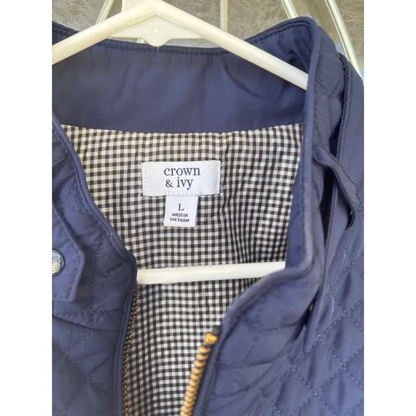 Crown & Ivy Navy Blue Quilted Puffer‎ Vest Gingham Lining Gold Zip Womens Large - Image 6