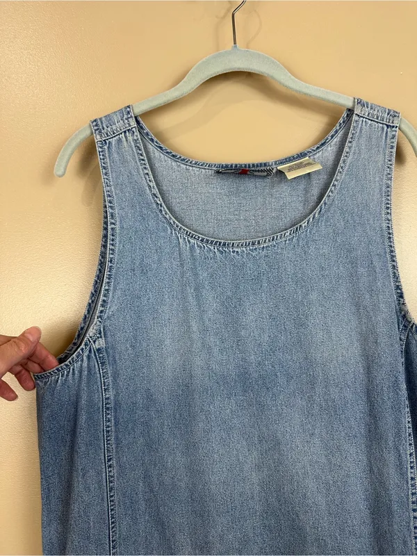Vintage Denim Jumper Midi Dress M Utility Pockets 100% Cotton 90s Country - Image 4