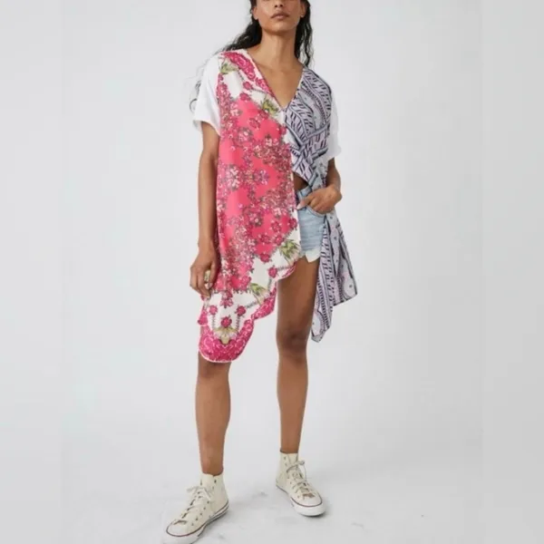 Free People Knot Me Floral Geometric Scarf Mix Media Tie-Front Blouse Top L - Image 4