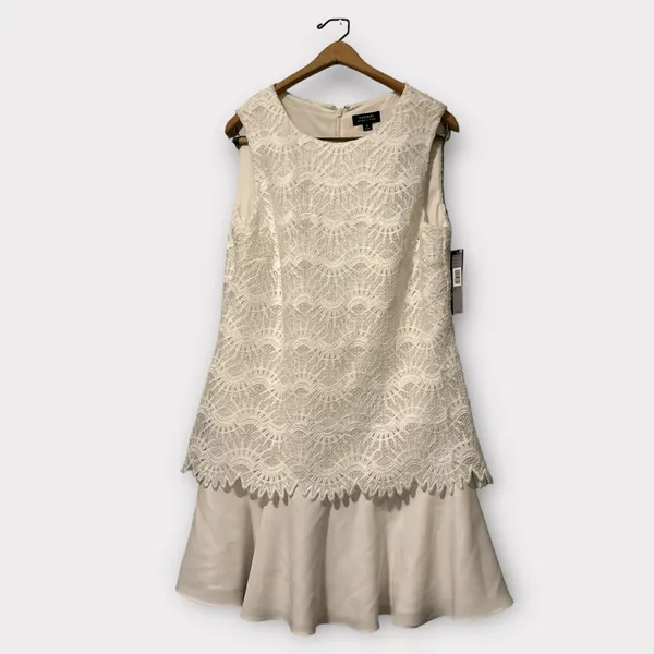 Tahari Cocktail Prom Dress‎ Womens Size 12 White Crochet Overlay MSRP $158 - Image 3