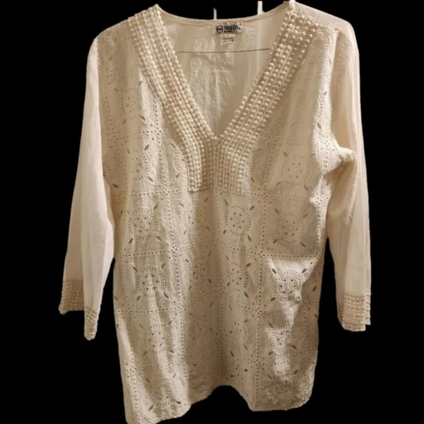 646 Main white eyelet embroidered short sleeve top tunic large 100% cotton - Image 3