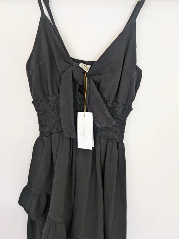 Black Ruffle Tie Front Cut Out Cotton Dress NWT M/L - Image 7