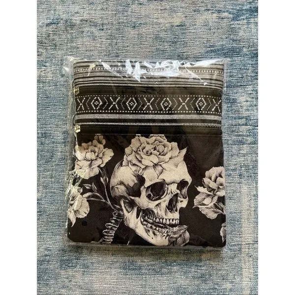 White Black Rose Flower Skull Cotton Canvas Two Pocket Crossbody Shoulder Pouch - Image 6