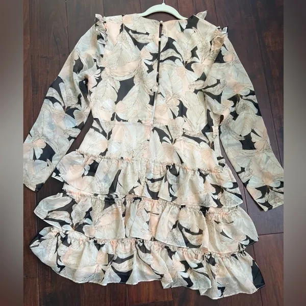 Luxxel Blush Floral Ruffle Mini Dress Romantic Cottagecore Wedding Guest Large - Image 10