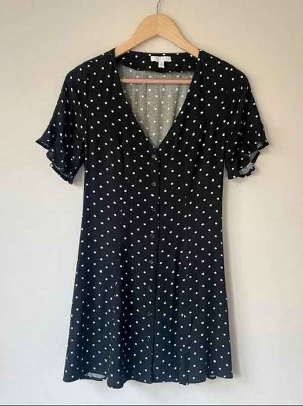 Nordstrom Abound Navy Polka Dot Mini Dress Rayon Ruffle Short Sleeve - Image 3