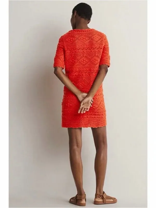 Boden Bright Red Women's Knit Crochet Claudia Mini Textured Summer Shift Dress - Image 3