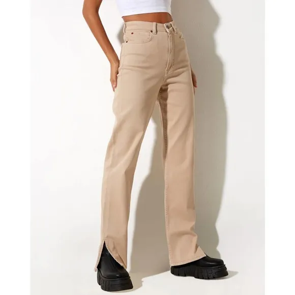 Motel Rocks Straight Leg Jeans In Winter Sandwash‎ Knit Argyle Tan Size XS - Image 2