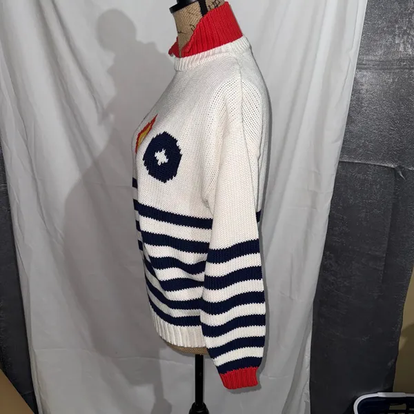 Chicken Face Intarsia Knit Sweater Women M White Blue Red Nautical‎ Coastal - Image 5