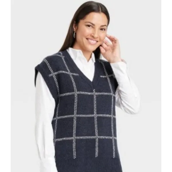 A New Day Sweater Vest Blue White Size Medium V Neck Academia Cozy Fall Winter - Image 3
