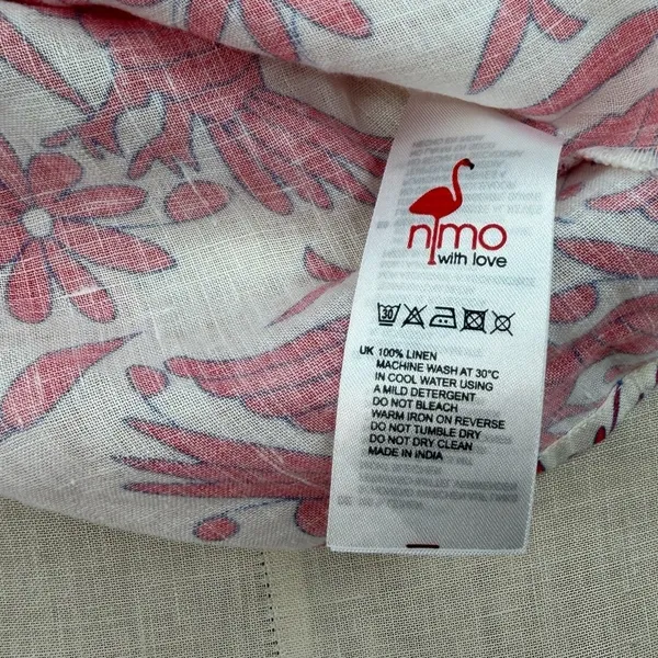 Nimo With Love Linen Bird Print Ruffle Neck Blouse‎ Red Cream Size XS - Image 10