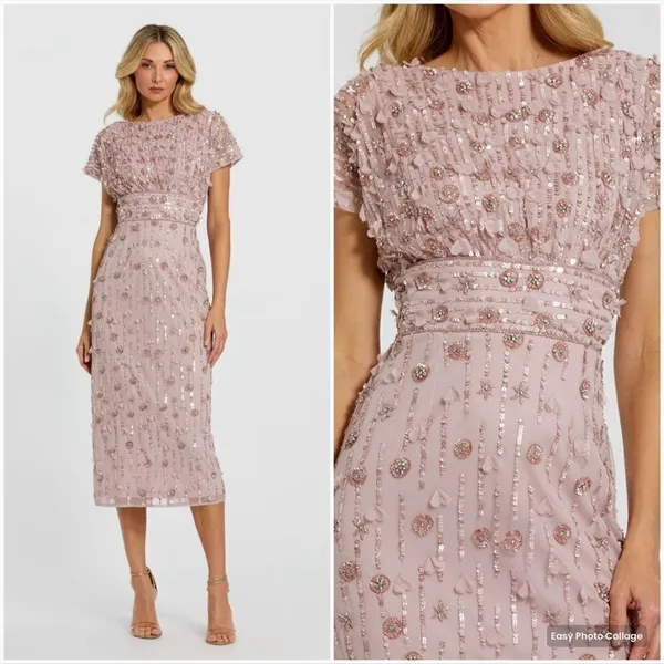 MAC DUGGAL 94117 Pink Cap Sleeve Column Midi Dress With Floral Beading - Image 2