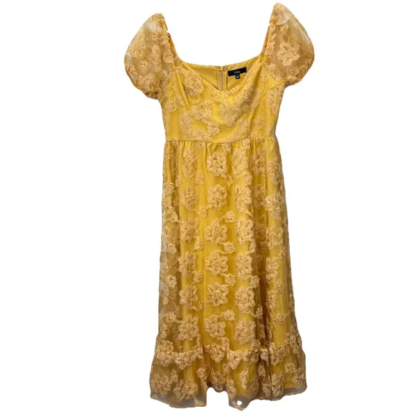 Lulus Notable Elegance Yellow Mesh‎ Floral Bustier Midi Dress Size LARGE Whimsy - Image 5