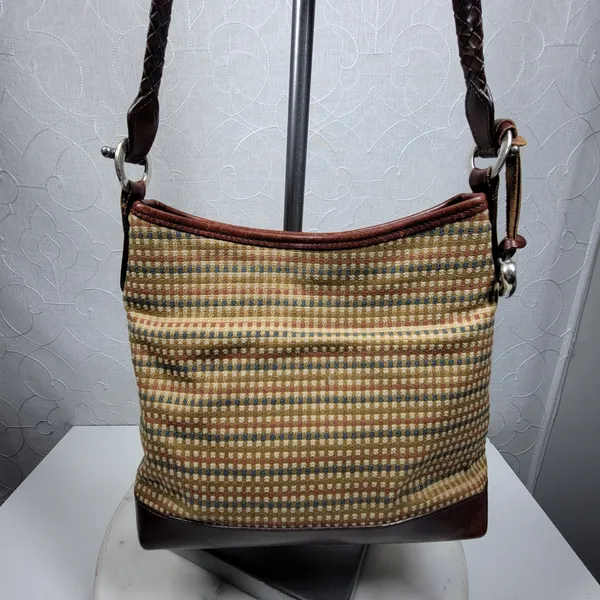 Brighton Tweed Purse Braided Leather Trim Heart Charm Brown Tan Check - Image 2