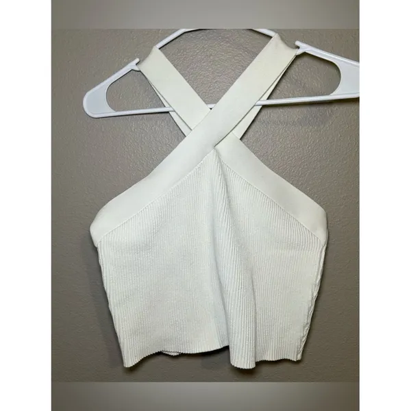 Quince White Cropped Halter Ribbed Knit Sleeveless Tank Top Women’s Size Large - Image 2