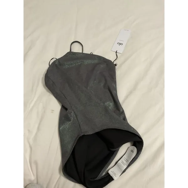 Alo Yoga Alosoft Ribbed Shimmer Bodysuit Dark Grey Iridescent Size S NWT - Image 4