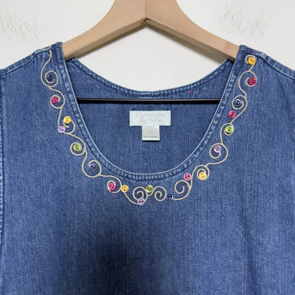 VTG 90s Women 100% Cotton Western Denim Jumper Dress Button Blue Embroidered‎ - Image 4
