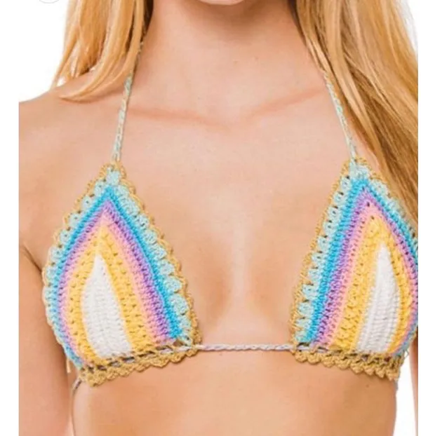 PILYQ PQ SWIM Bikini Top Size Small NWT Romance Crochet Triangle Halter Rainbow - Image 5